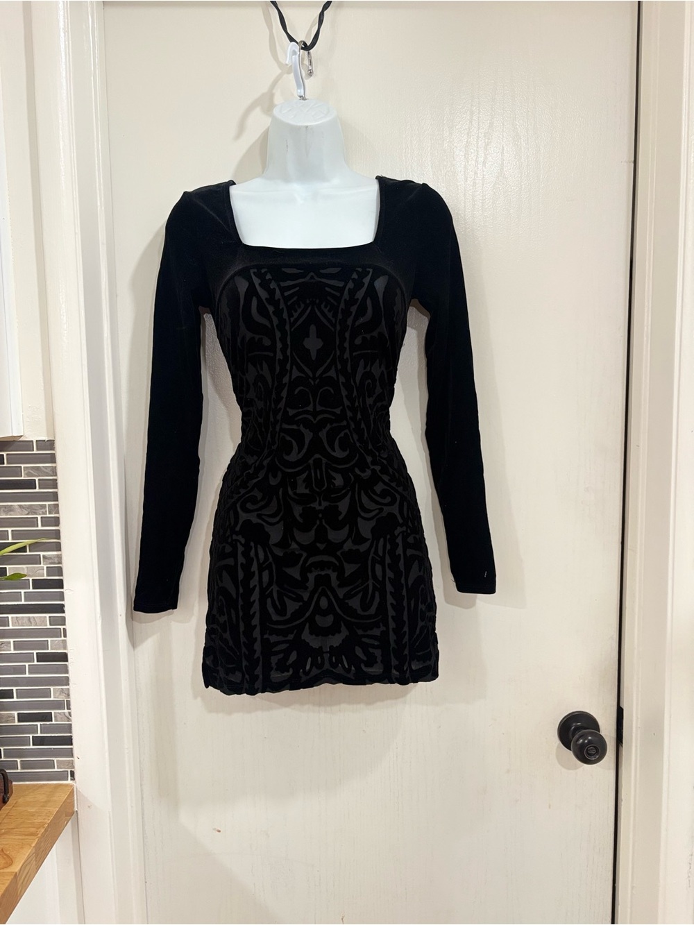 Free People Black Long-Sleeve Velvet Burnout Mini Dress